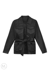 Black leather coat with a belt on a white background