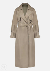 taupe leather trench coat on a white background