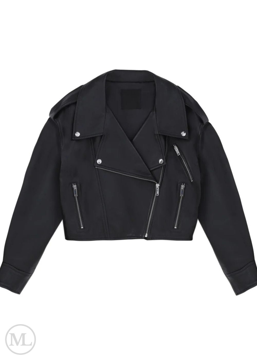 Black biker jacket with silver zippers on a white background