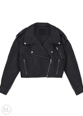 Black biker jacket with silver zippers on a white background