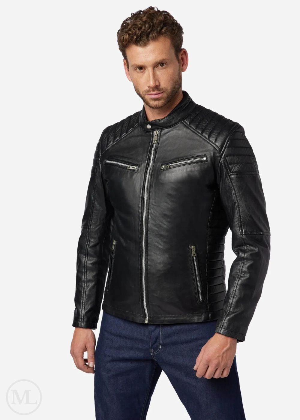 Man wearing a black leather biker jacket on a white background