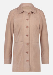 Pink leather coat with buttons on a white background